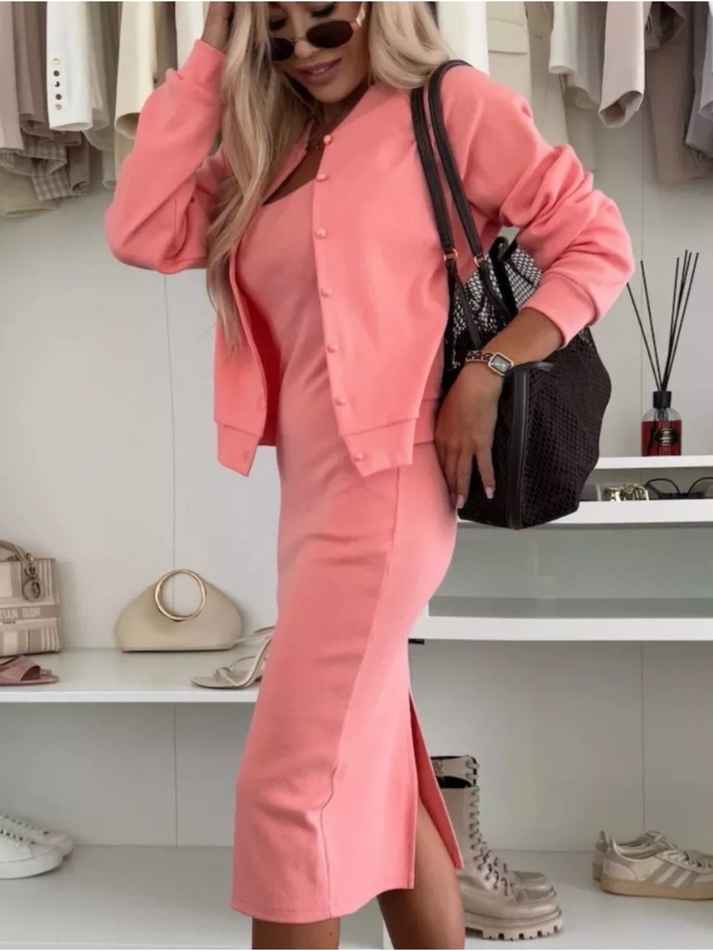 Long Sleeve Coral Pink Knit Midi Dress with Cardigan - Picture 2 of 6